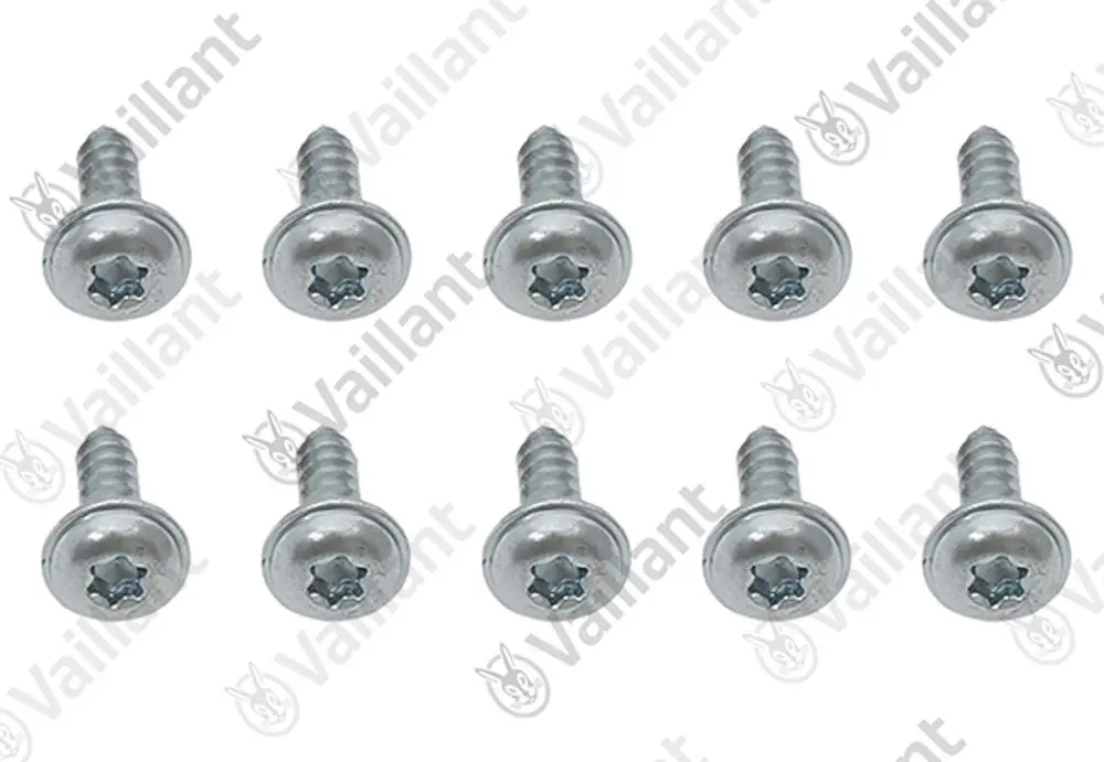 Zehn Vaillant Schrauben mit Senkkopf und Torx-Antrieb, aus Metall mit silberner Oberfläche, gleichmäßig angeordnet auf hellem Hintergrund.